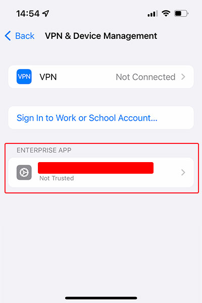 AHAspeed ios install custom enterprise app - step 3: vpn & device management page